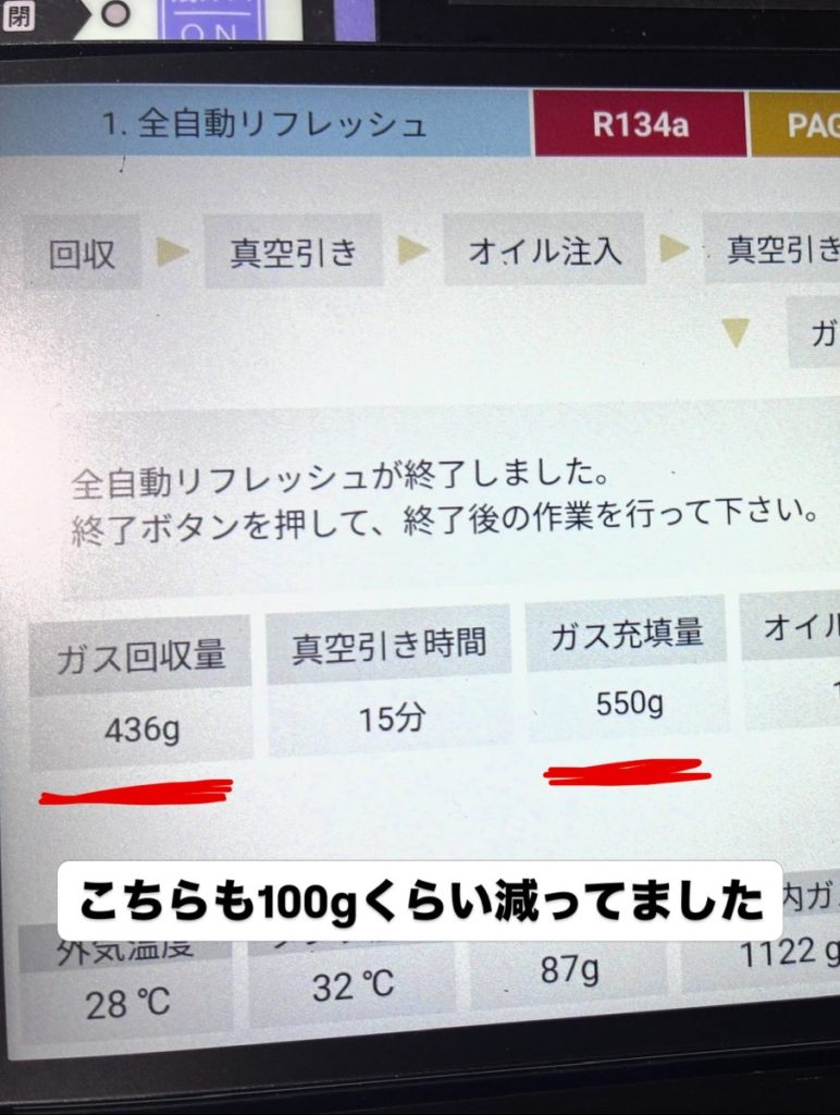 ハイエースのエアコンガス回収結果。規定量550gに対し436g(約100g減少)